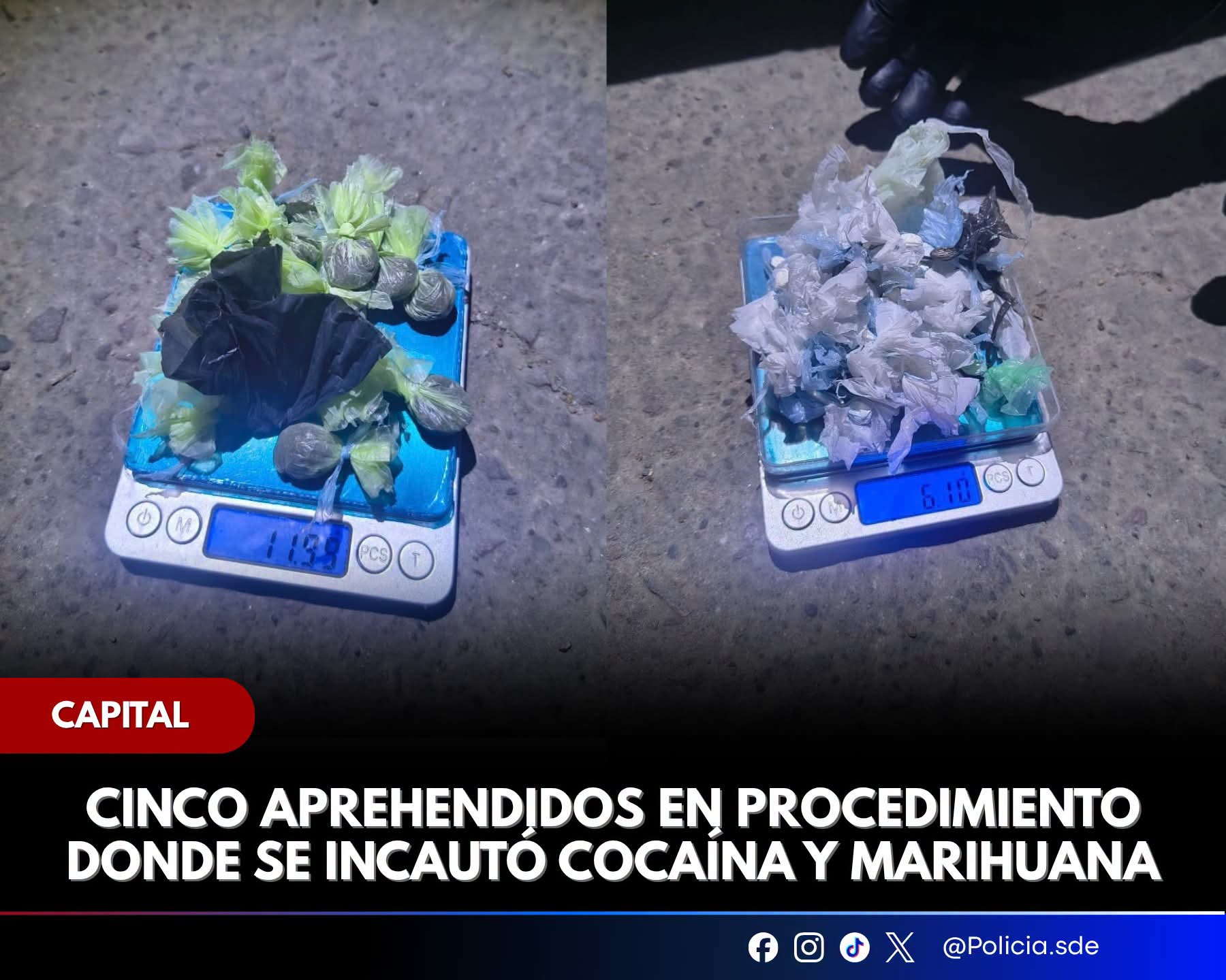 Capital:Aprenden a cinco personas en procedimiento donde se incautó cocaína y marihuana