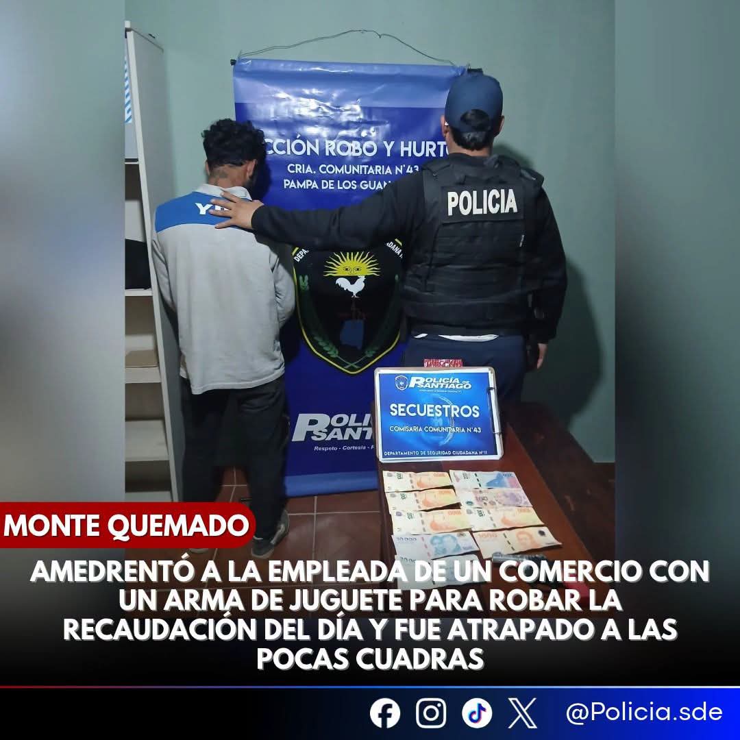 Monte Quemado: amenazó a una empleada de comercio con un arma de juguete para robar la recaudación del día y fue detenido a pocas cuadras